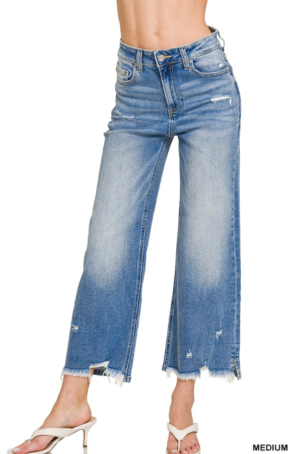 Zenana DISTRESSED RAW HEM DENIM PANTS
