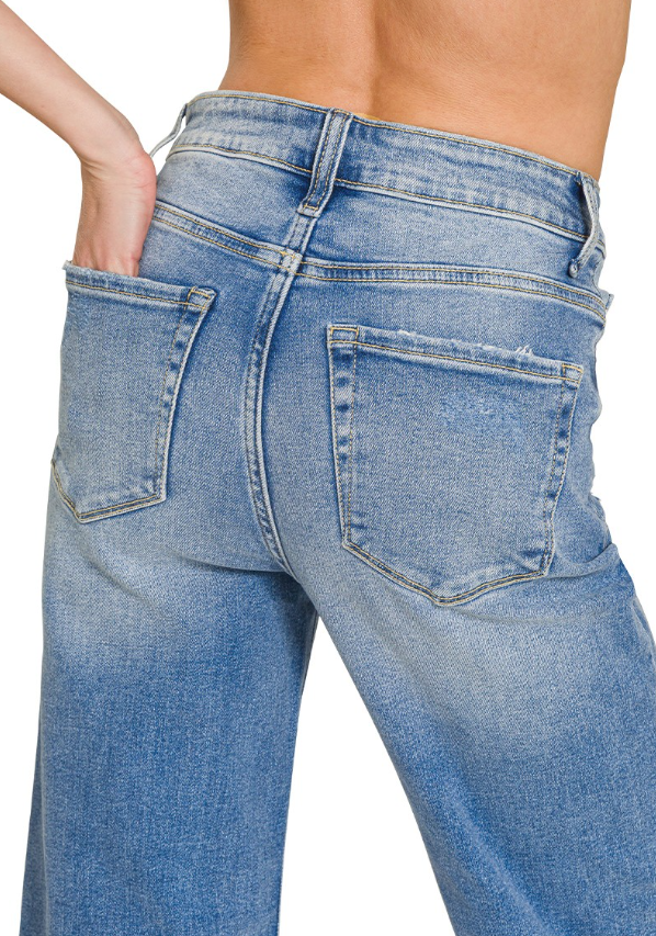 Zenana DISTRESSED RAW HEM DENIM PANTS