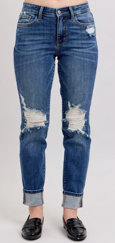 Judy Blue Yoke Pk & Faux Selvedge Cuff Boyfriend w/ Destroy