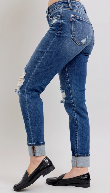 Judy Blue Yoke Pk & Faux Selvedge Cuff Boyfriend w/ Destroy
