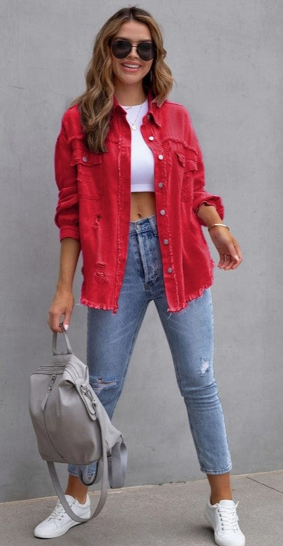 Raw Edge Solid Color Lapel Denim JACKET