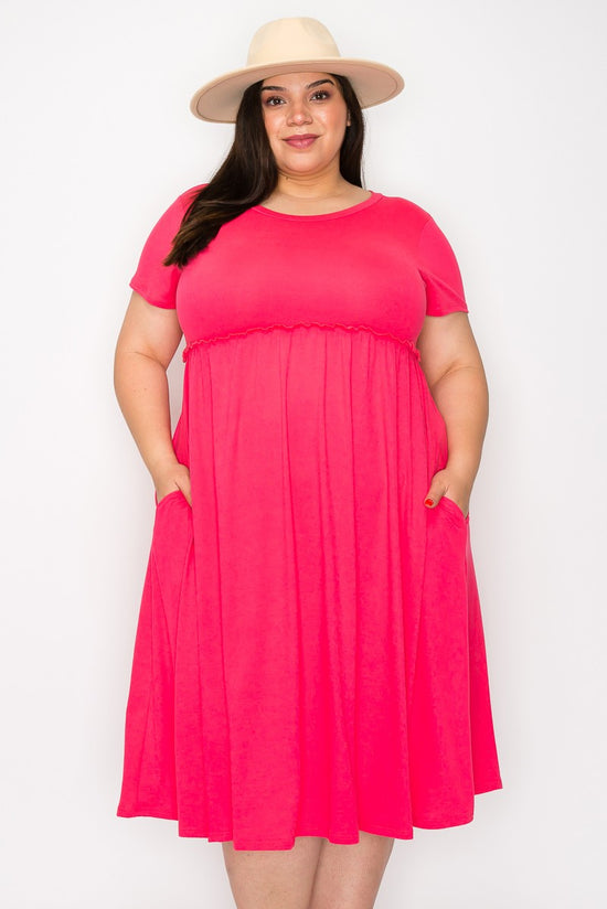 Plus size shirred solid dress with side pockets