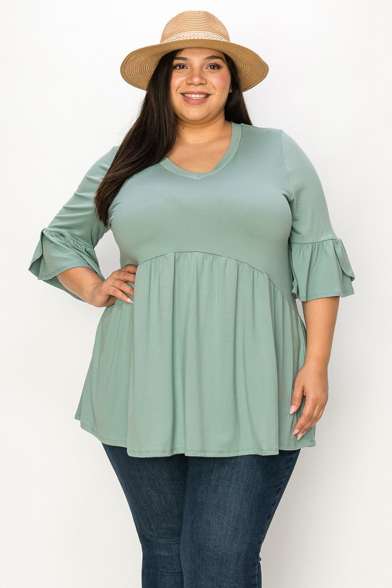Plus size V neck ruffle sleeves solid tunic top