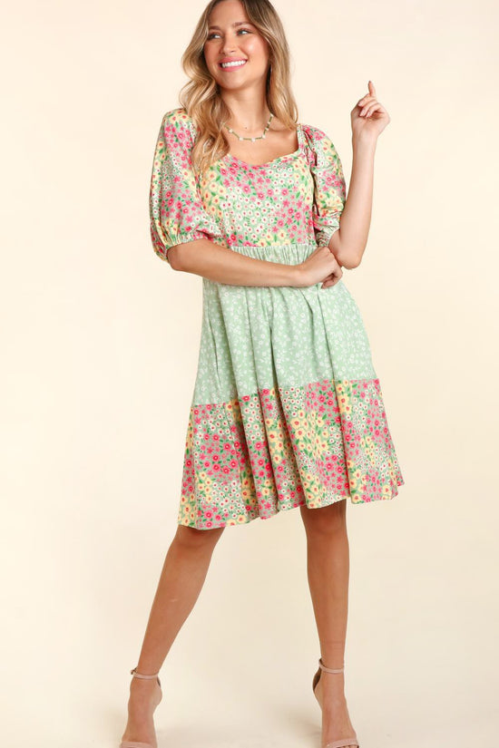 PLUS BABYDOLL FLORAL COLOR BLOCK BUBLE PUFF SLEEVE