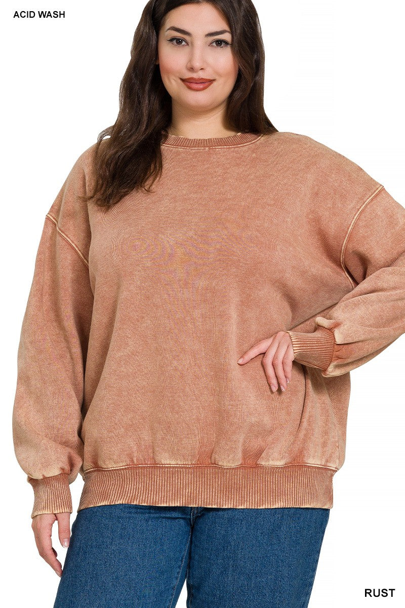 Zenana Acid Wash Oversized Fleece Pullover