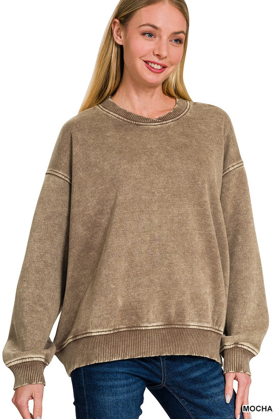 Zenana Acid Wash Oversized Fleece Pullover