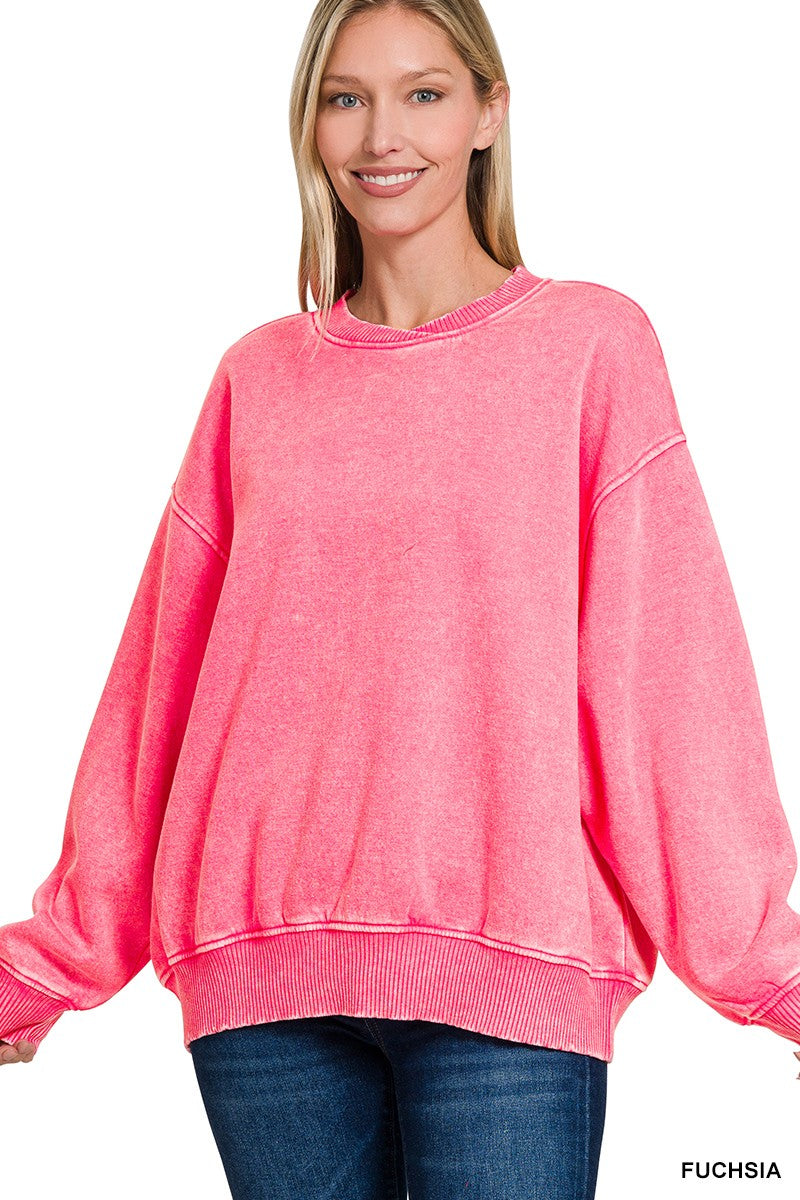Zenana Acid Wash Oversized Fleece Pullover