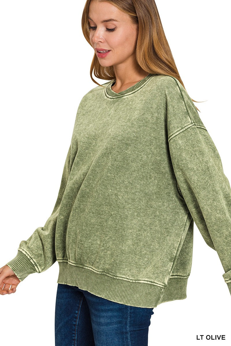 Zenana Acid Wash Oversized Fleece Pullover