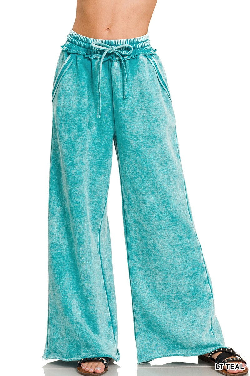 Zenana Acid Wash Fleece Palazzo Sweatpants