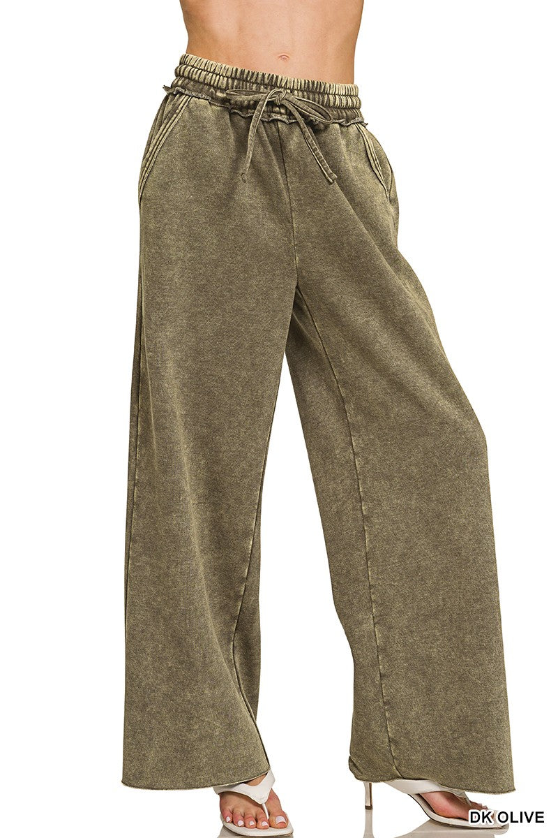Zenana Acid Wash Fleece Palazzo Sweatpants