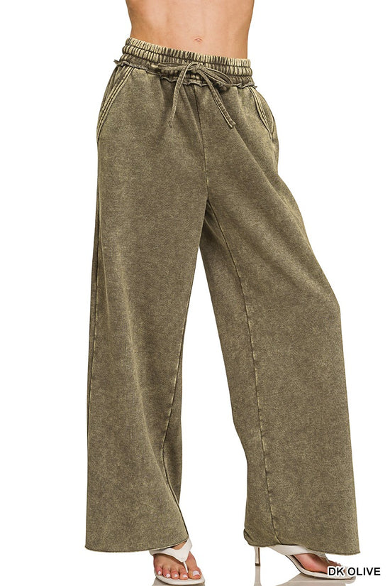 Zenana Acid Wash Fleece Palazzo Sweatpants