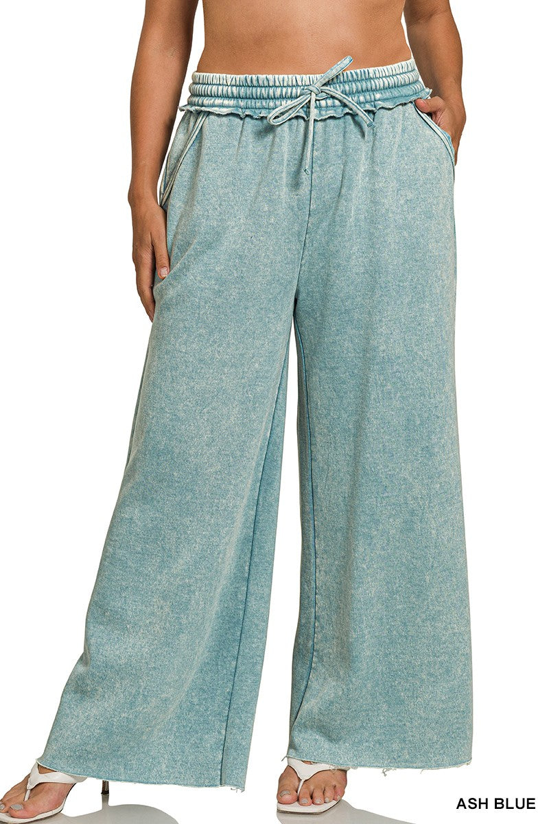 Zenana Acid Wash Fleece Palazzo Sweatpants