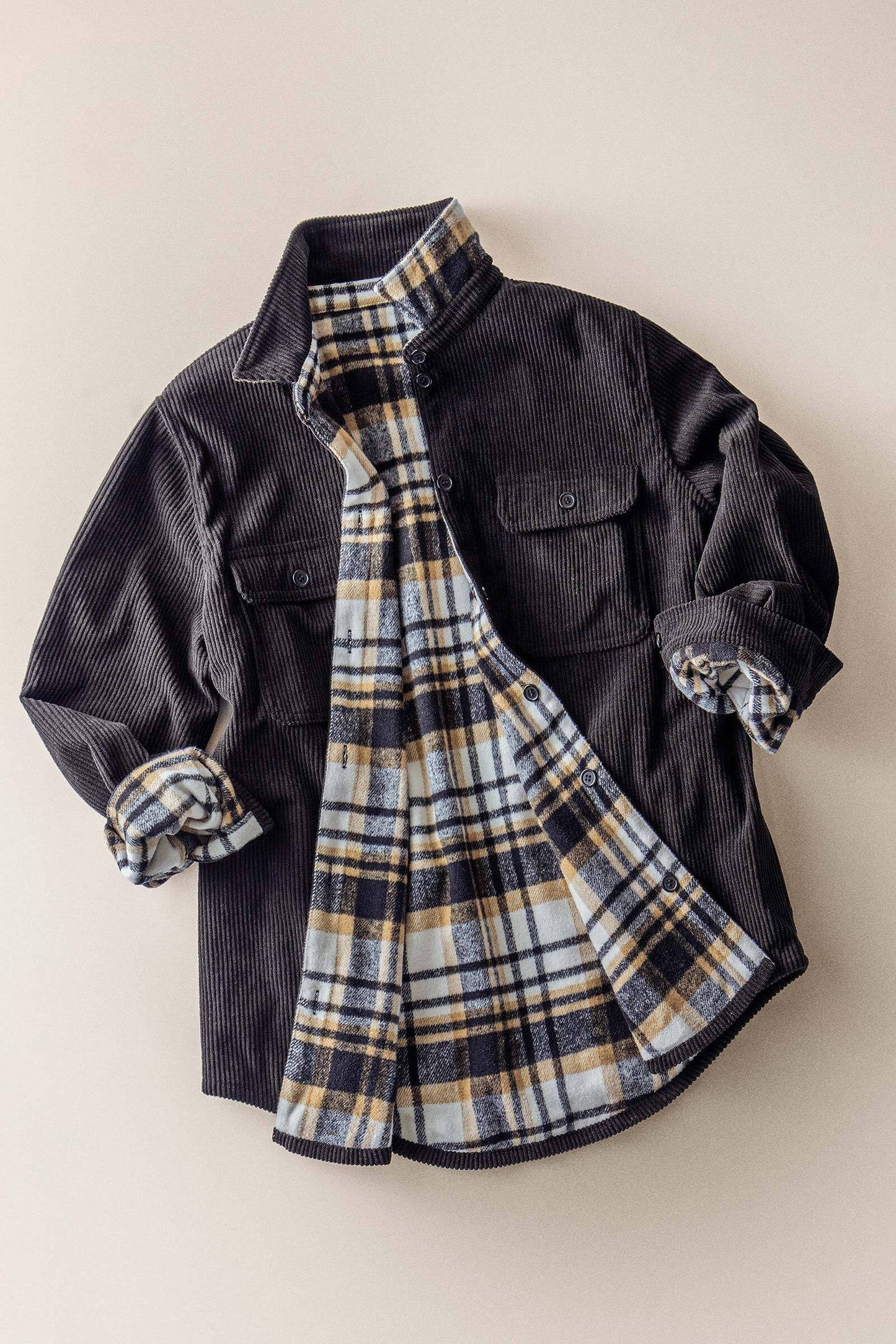 Corduroy And Plaid Flannel Shacket W Chest Pockets