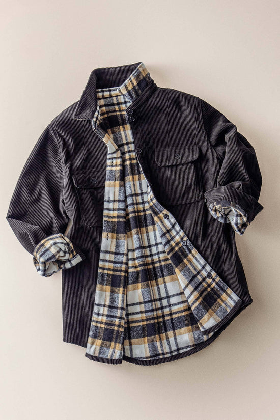 Corduroy And Plaid Flannel Shacket W Chest Pockets