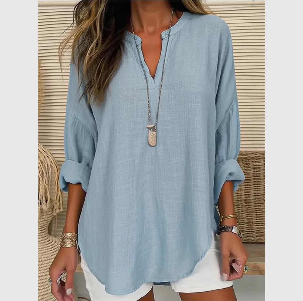 Blouse Linen Long Sleeve Casual V Neck Top