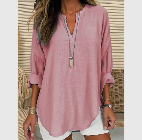 Blouse Linen Long Sleeve Casual V Neck Top