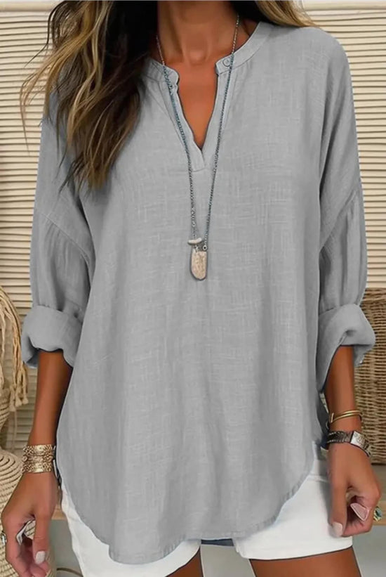 Blouse Linen Long Sleeve Casual V Neck Top