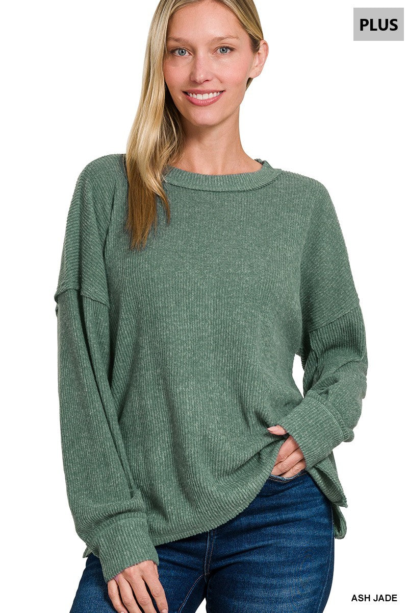 Zenana Plus brushed ribbed hacci exposed seam drop shoulder sweater