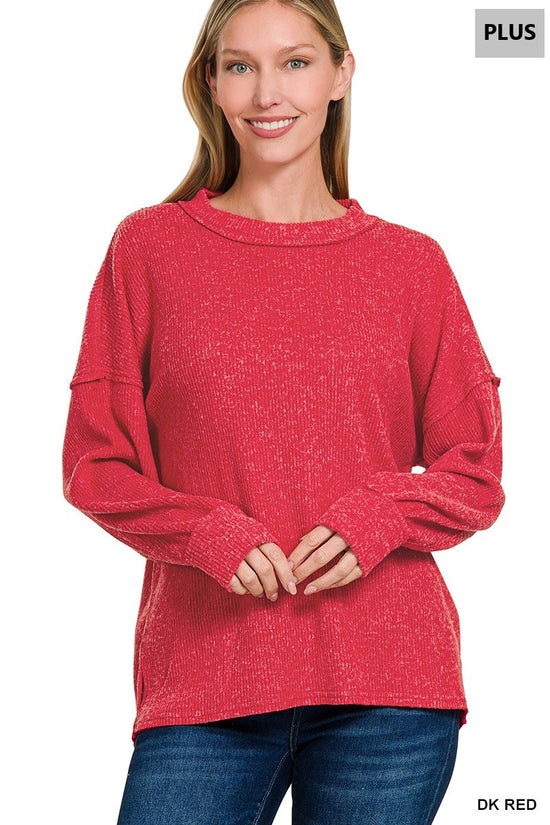 Zenana Plus brushed ribbed hacci exposed seam drop shoulder sweater