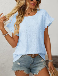 Lovesoft - Solid Color Crewneck Sweet Short-Sleeve Hollow-Out Top