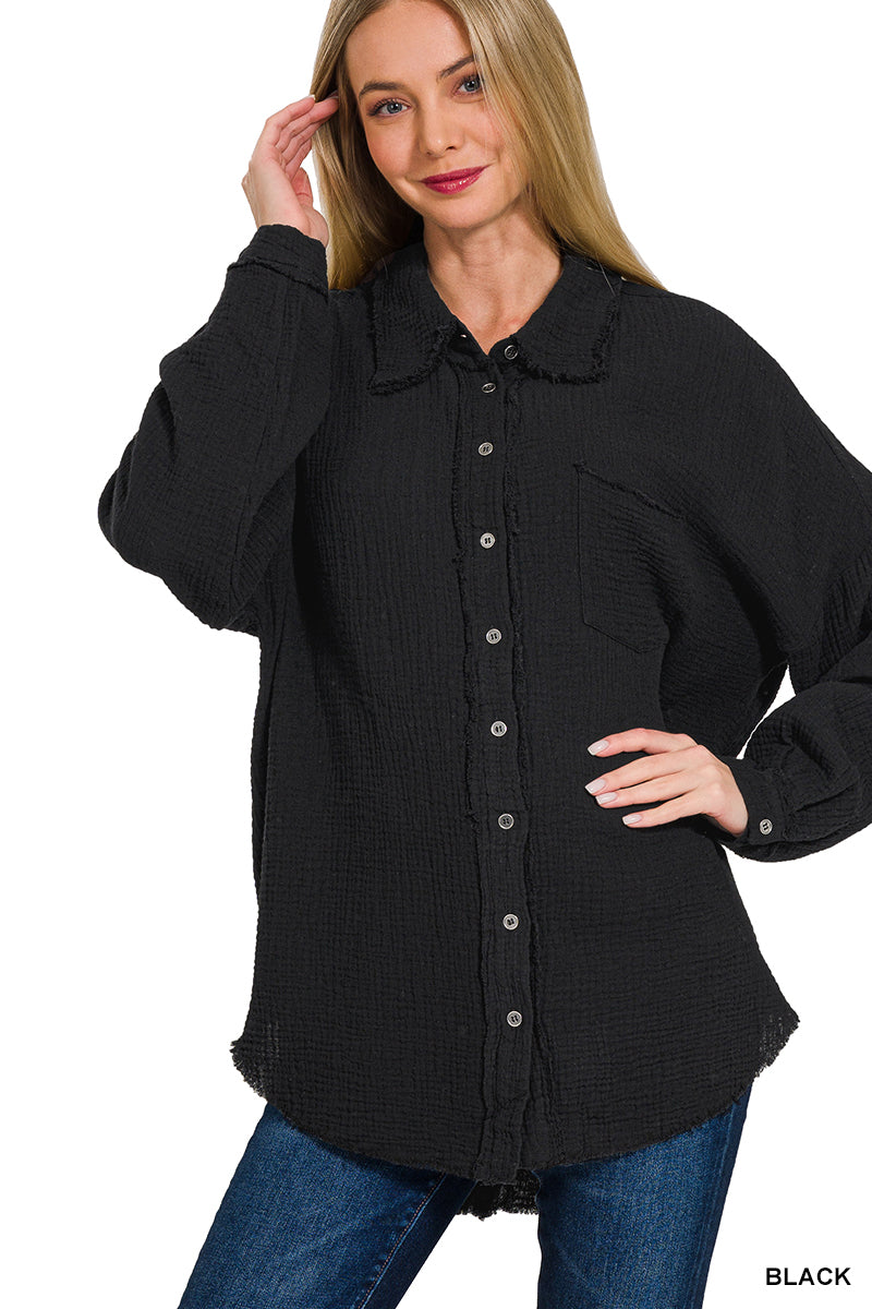 Zenana Double gauze oversized raw edge shirt