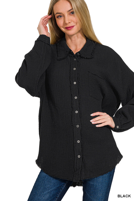 Zenana Double gauze oversized raw edge shirt