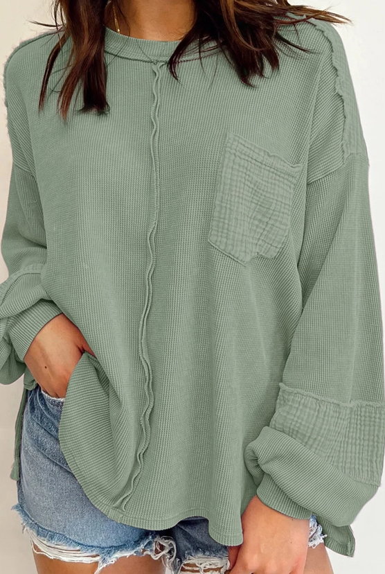 Solid Waffle Patchwork Casual Top