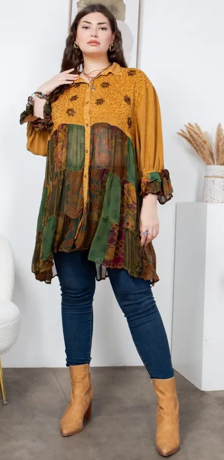 Young Threads Earthy Boho : Patchwork Tiered Bohemian Top Plus