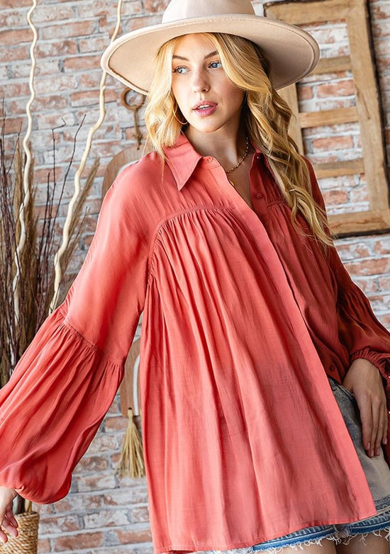 SOLID COLOR BUTTON DOWN PEASANT SLEEVE BLOUSE