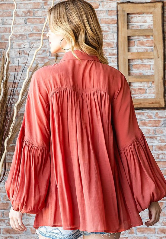 SOLID COLOR BUTTON DOWN PEASANT SLEEVE BLOUSE