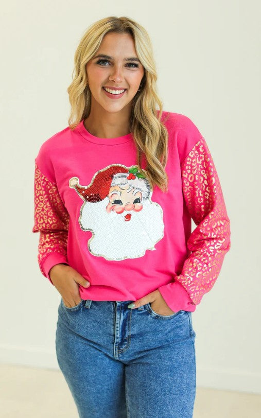 Sequin Santa on Hot Pink Sweatshirt