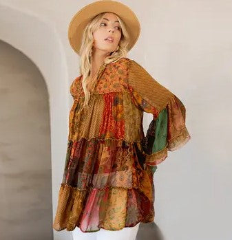 Young Threads Earthy Boho : Chic Band Collar Jhabla Top in Camel - New