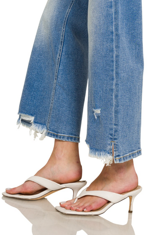 Zenana DISTRESSED RAW HEM DENIM PANTS