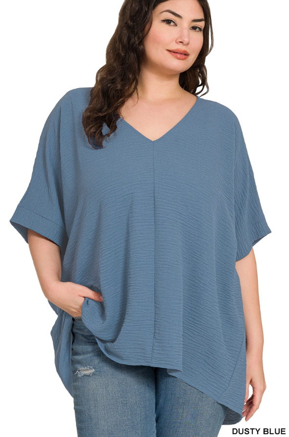 Zenana PLUS WOVEN AIRFLOW V-NECK DOLMAN SHORT SLEEVE TOP