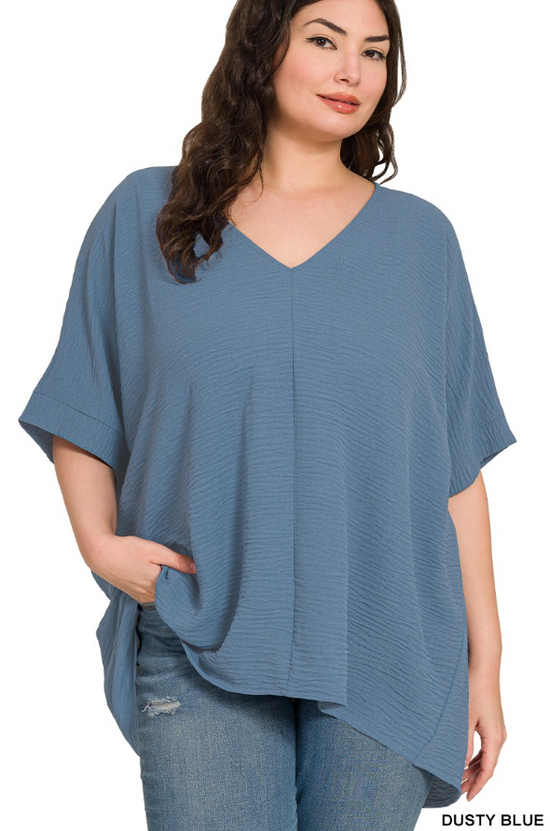 Zenana PLUS WOVEN AIRFLOW V-NECK DOLMAN SHORT SLEEVE TOP