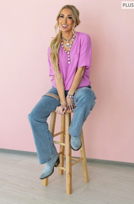 Two Tone Waffle V-Neck Dolman Sleeve Top
