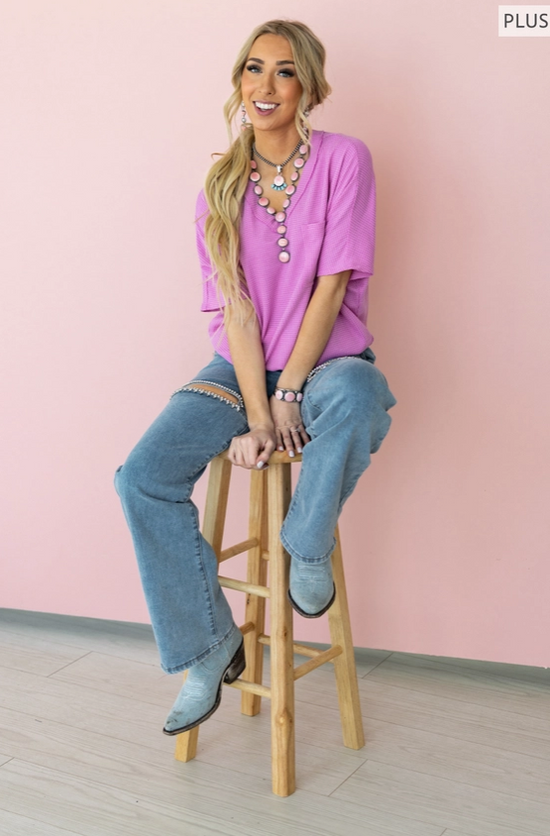 Two Tone Waffle V-Neck Dolman Sleeve Top