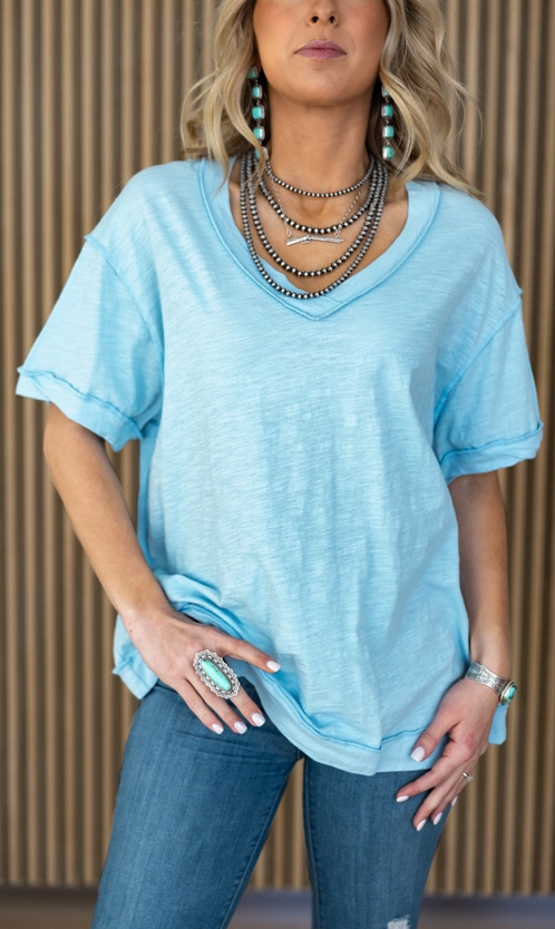 Raw Edge Detail Cotton V Neck Top