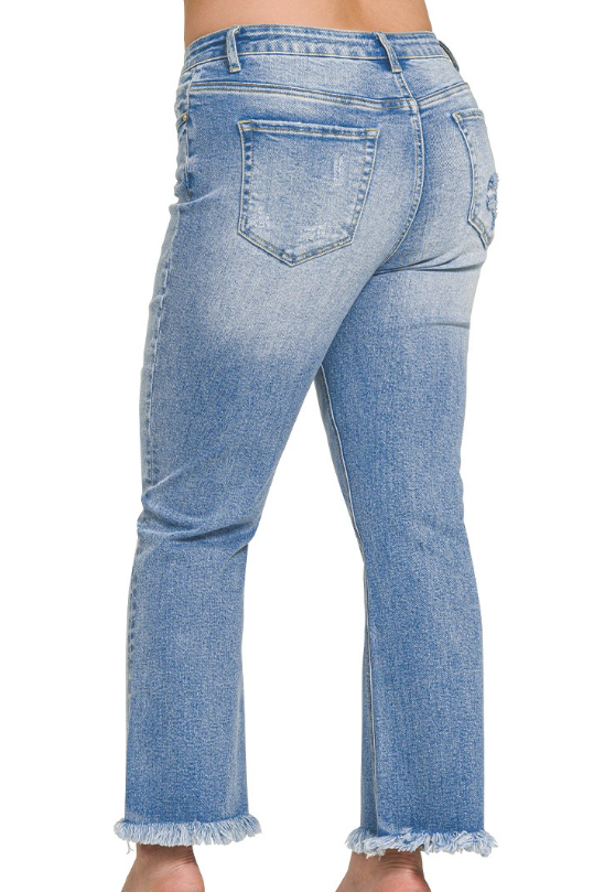 Zenana Plus High Rise Straight Raw Hem Cropped Denim