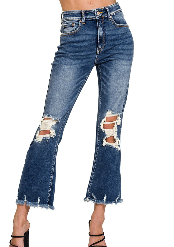 Zenana Distressed Knee And Hem Denim Pants