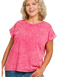Zenana Crinkle washed round neck folded short sleeve tee