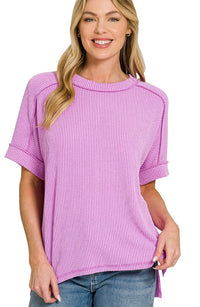 Zenana Raised Rib Cuff Sleeve Raw Edge Top