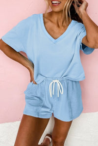 Women’S V-Neck Tee and Drawstring Shorts Lounge Set