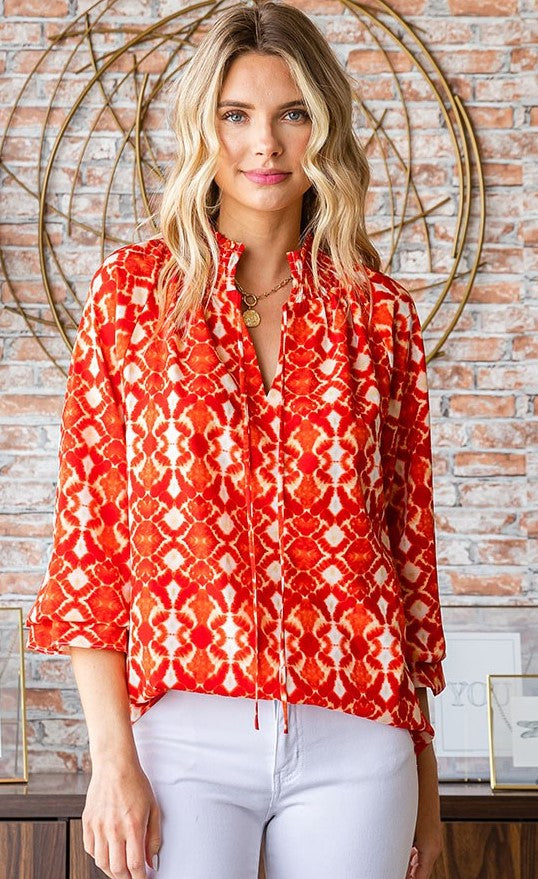 ABSTRACT PRINT SMCKED COLLAR FRILLED SLEEVE BLOUSE