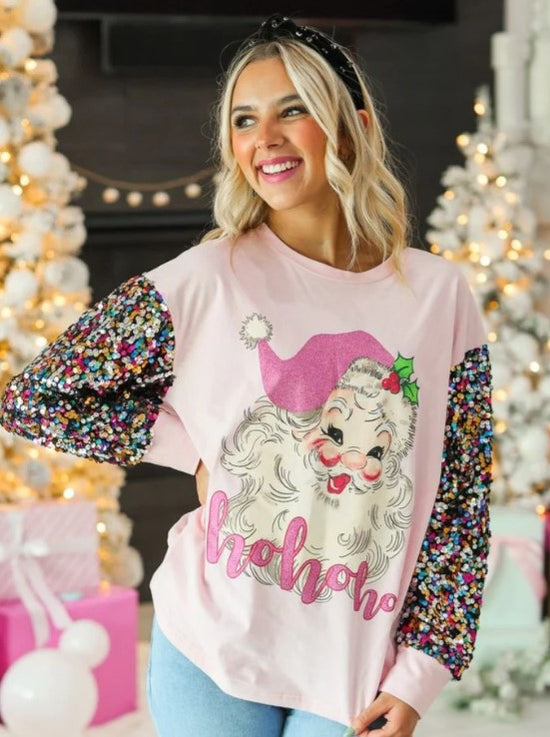 Santa on Pink Sweatshirt with Sequin Sleeves