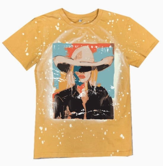 Cowgirl Art On Mustard Splatter Tee