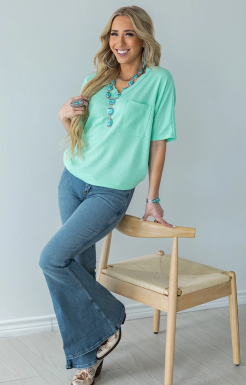 Two Tone Waffle V-Neck Dolman Sleeve Top
