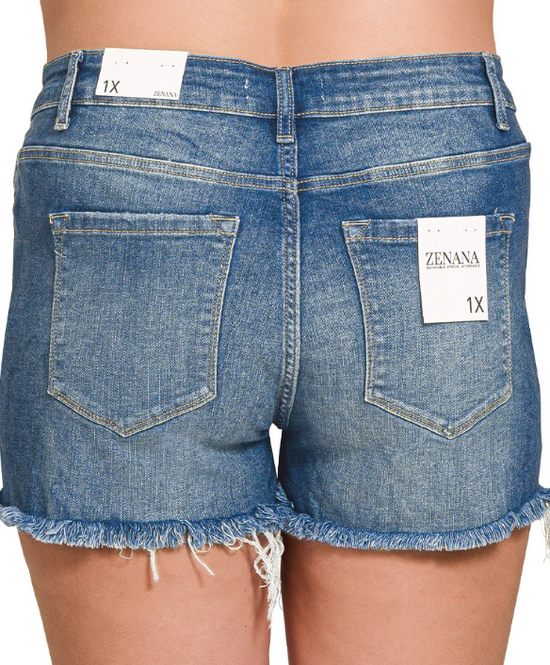Zenana Plus Mid Rise Raw Frayed Hem Denim Shorts