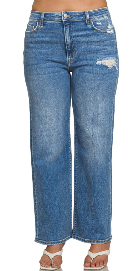 Zenana High Waist Straight Leg Medium Wash Denim Pants