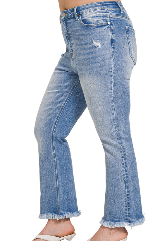 Zenana Plus High Rise Straight Raw Hem Cropped Denim
